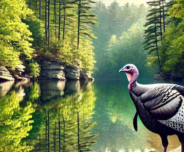 A wild turkey wandering near a peaceful lake, its feathers catching the sunlight.